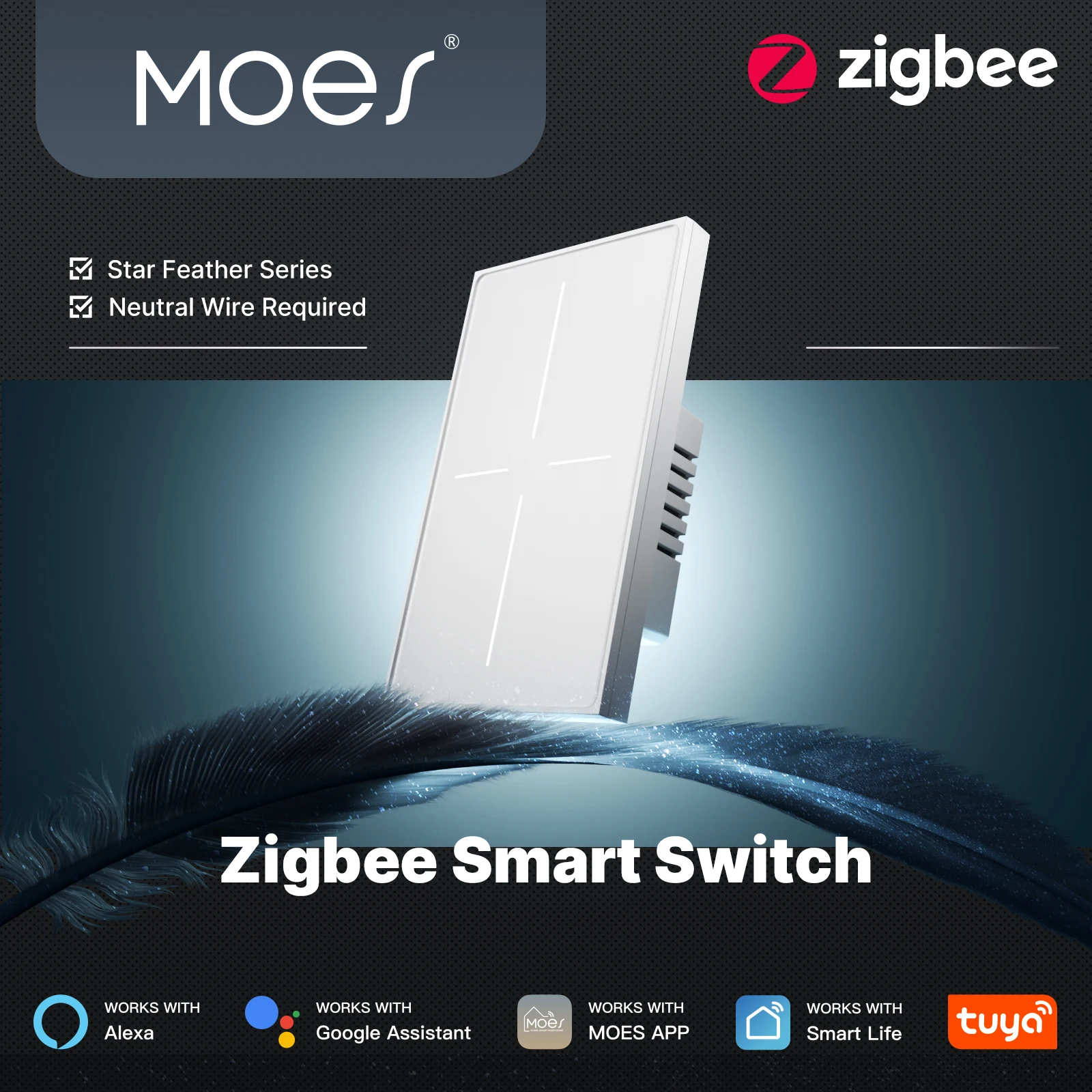

MOES ZigBee Smart Touch Switch US, Neutral Wire Required, Star Feather Design, 2-in-1 App & Alexa/Google Home Control​​