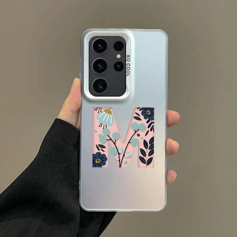 Case For Samsung A56 A36 A26 A24 A16 A14 A12 A32 A50 A70 A22 A34 A54 A52 5G A06 4G Silver IMD Cover Art Initial Letter M Flowers