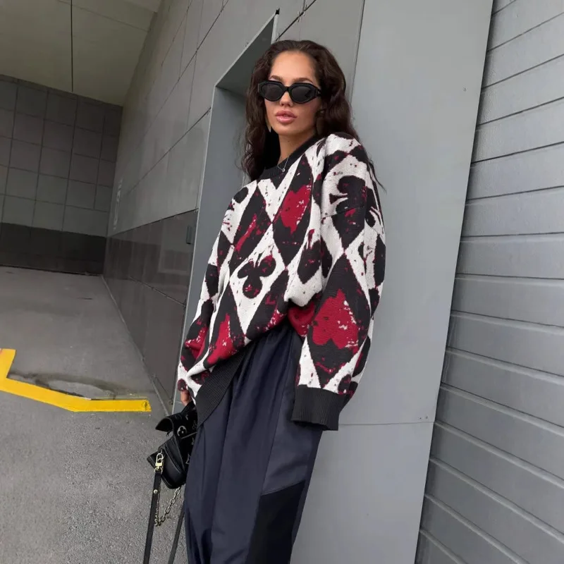 

Модный жаккардовый вязаный пуловер с ромбовидной сеткой, женский осенний свитер 2023, новый черный, красный, свободный крой, трикотажные топы, модная уличная одежда