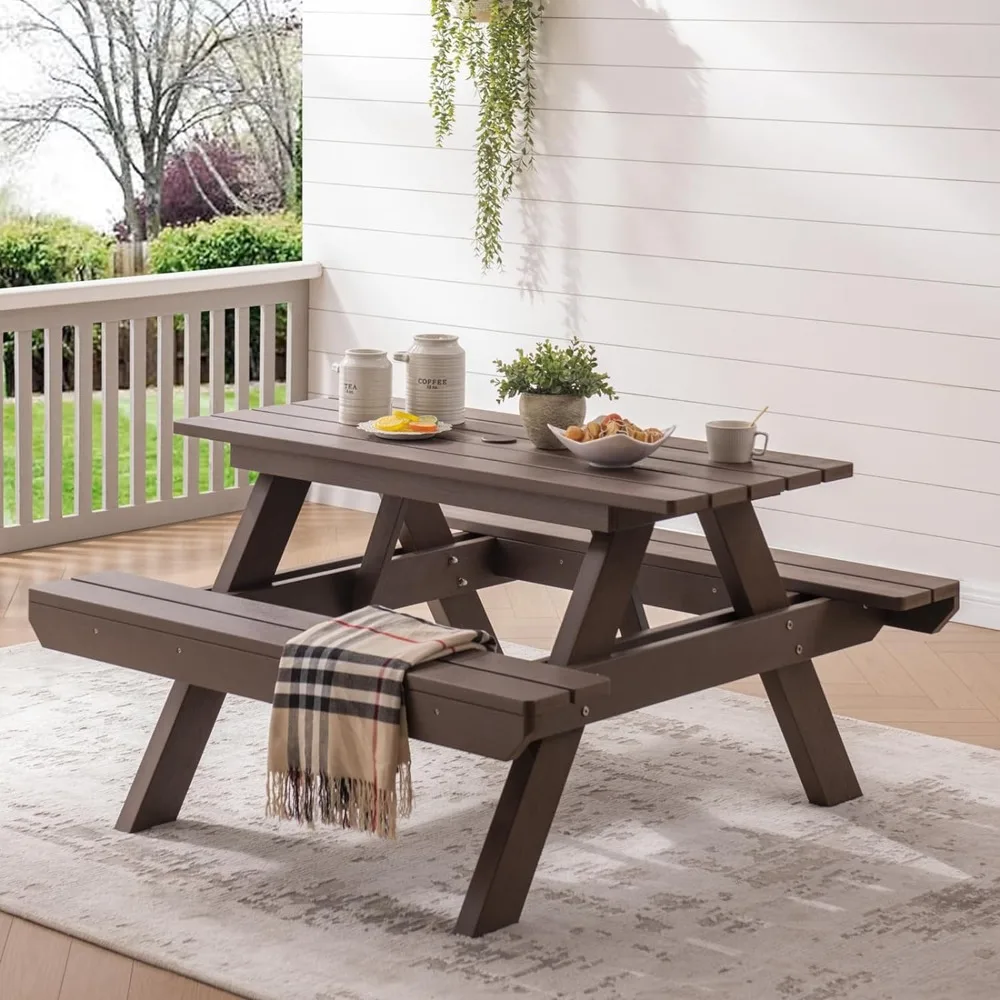 Outdoor Table with Round, Picnic Table & Bench Set with Umbrella Hole, Weather Resistant, 500LBS, Outdoor Tables