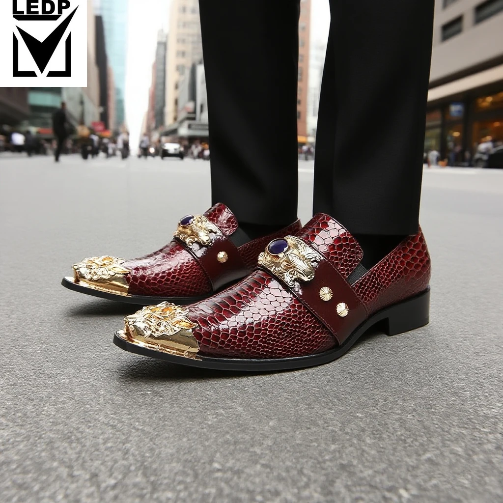 

Men's Wine Red Snake Print Leather Shoes with Gold Tiger Buckle & Purple Gem, Urban Fashion Party Dress Shoes