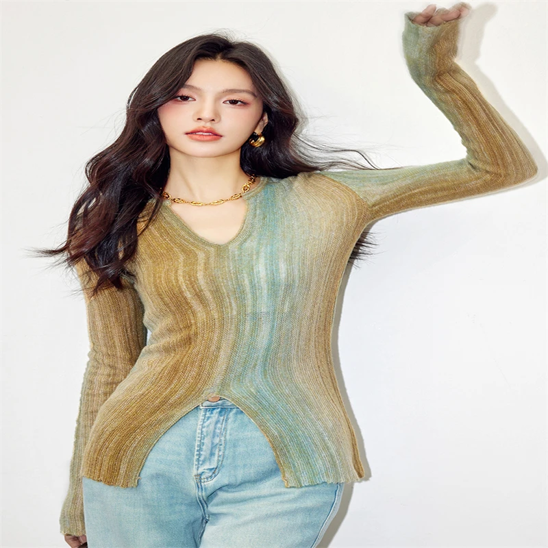 CJFHJE Spring Women's Gradient Tie Dyed Vertical Stripe Sweater Fashion V-neck Slim Fit Women Micro Transparent Pullover Knit