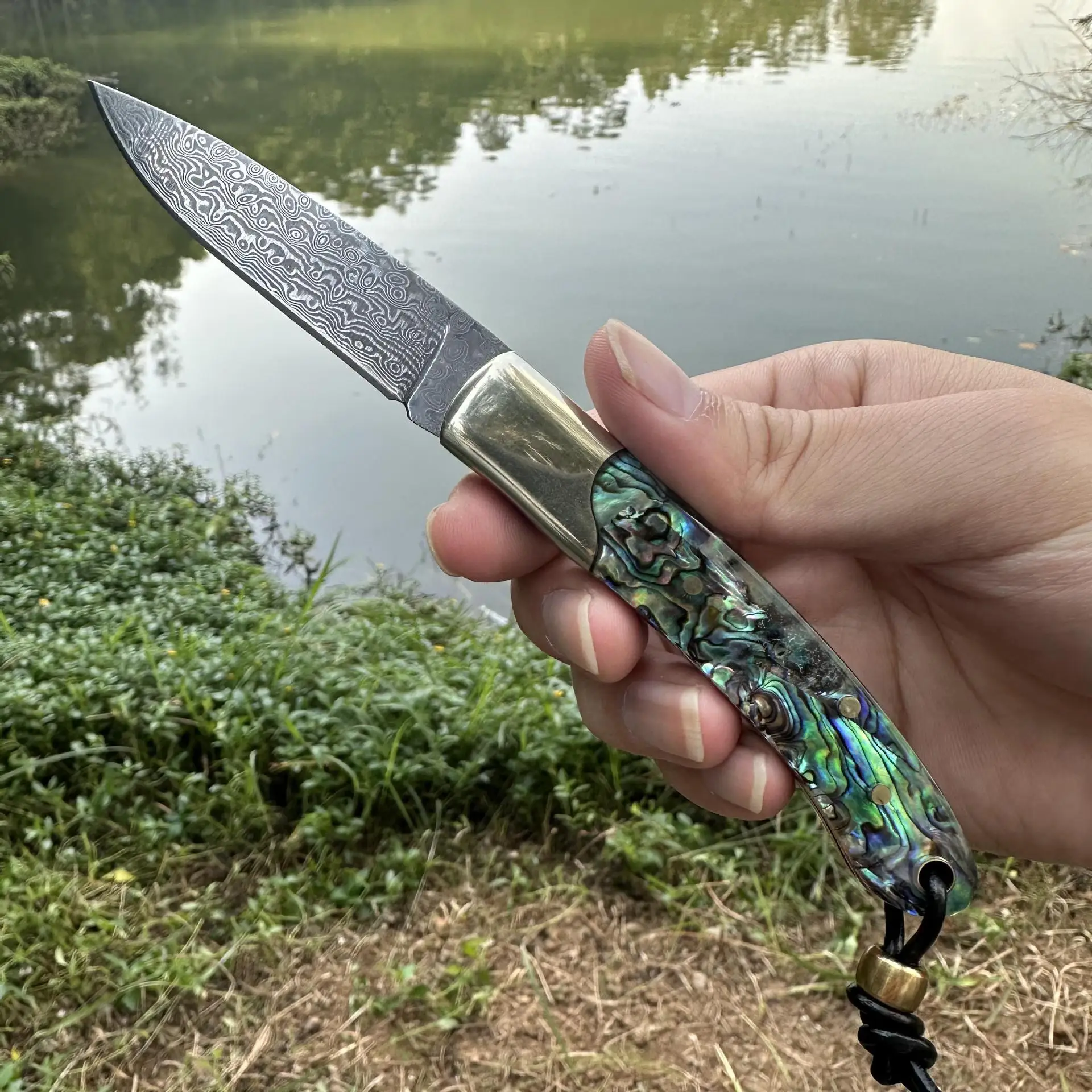 

(Unlocked) Damascus Steel Outdoor Folding Knife with Built in Ball Bearings, Micro Concave Sandalwood Handle, Portable Knife