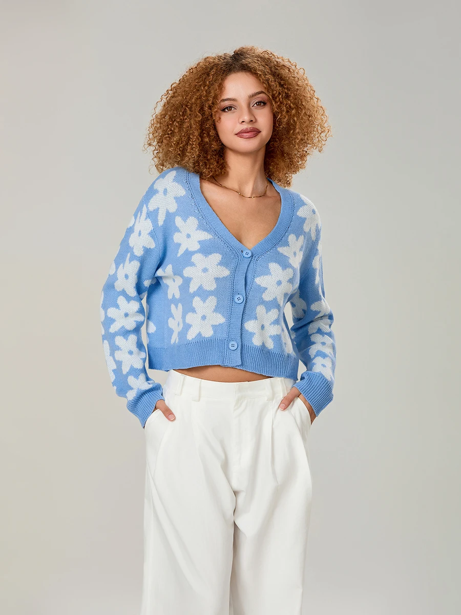 Cardigan en tricot boutonné pour femme, manches longues, col en V, pull à imprimé floral, vêtements d'extérieur à la mode