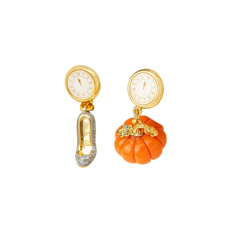 Enamel Pumpkin Carriage and Crystal Shoes Faberge Eardrop Earrings High-class Jewelry Vintage Halloween Gift To Women Girls