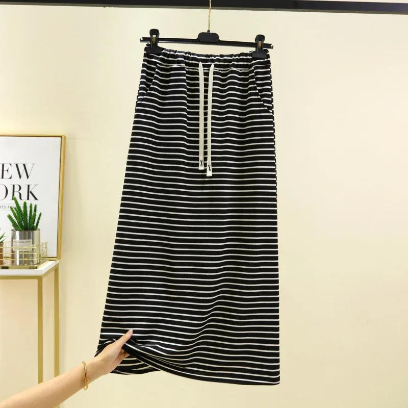 Gonna longuette a trapezio a vita alta Bla Strisce bianche Strato base dimagrante Estate 2025 Nuovo Sle Donna Faion Poliestere Cotone B...