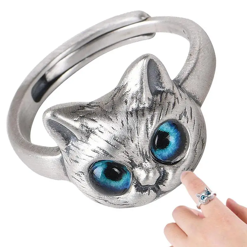 Fashion Creative Personality Star Cat Opening Ring Retro Cat Head Ring Finger Gift For Women Jewelry Blue Eyes Cat Figurine Ring