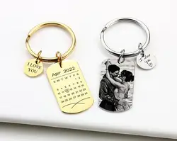 Custom Date Calendar Keyring Stainless Steel Personalized Initial Photo Keyring Birthday Gift for Him Her Family Party 2024