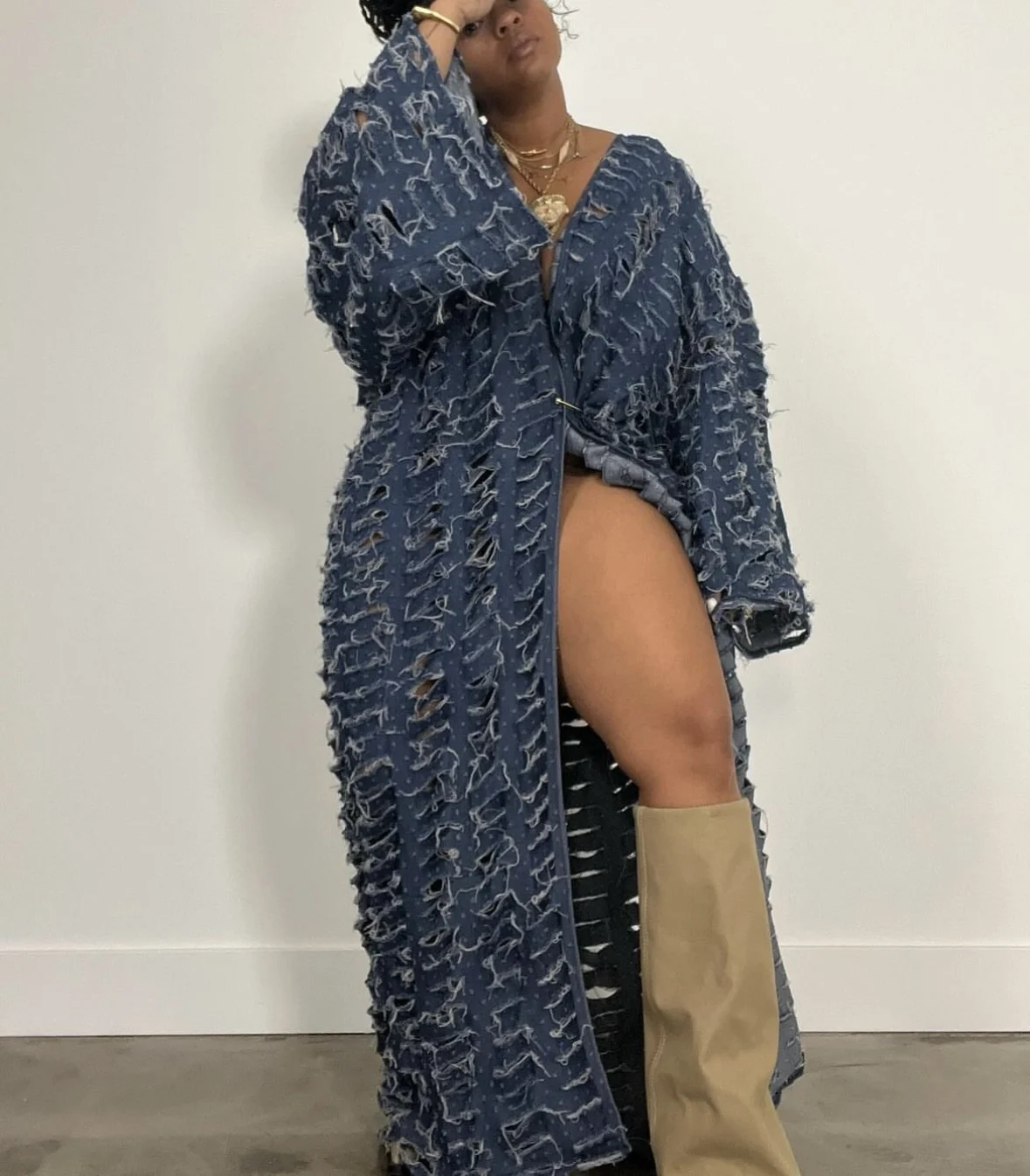 Fashion Blogger Design Mulitcolor Hollow Denim Cardigans ,Autumn Free Size Evening Party Cow Kimonos African Riche Women Clothe