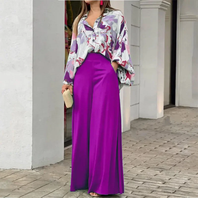 

Two Piece Casual Women's Loose Boho Print Shirt + Commuter Wide Leg Pants Set