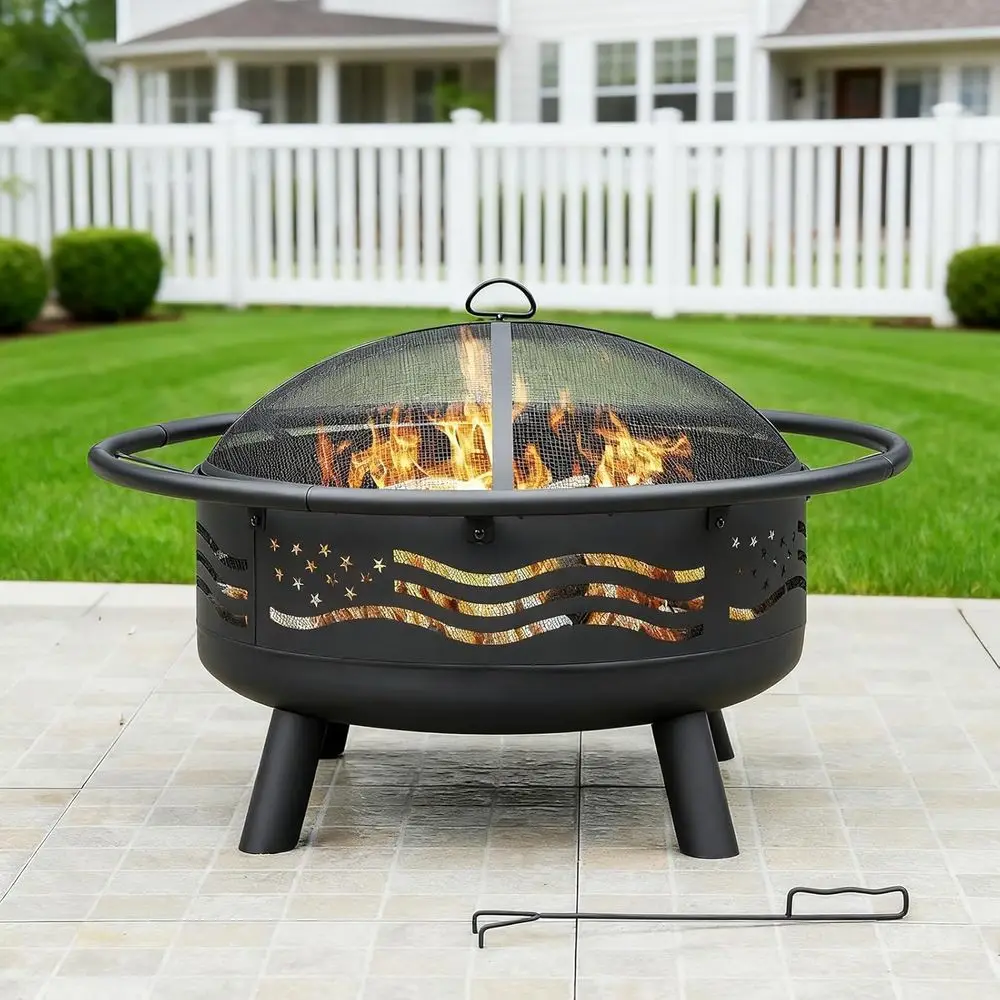 

Round 38 Metal Wood-Burning Fire Pit with Mesh Lid & Poker, Perfect for Outdoor Patio, Garden, Backyard Gatherings, Ideal for Ho