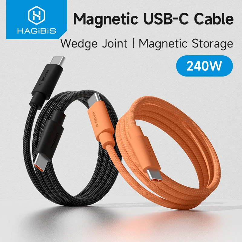 Cabo USB C Magnético Hagibis, Cabo C para C Enrolado, Carregador Rápido de 240W, Cabo Tipo C com Plugue Wedge para Carplay iPhone 16/17 Pro