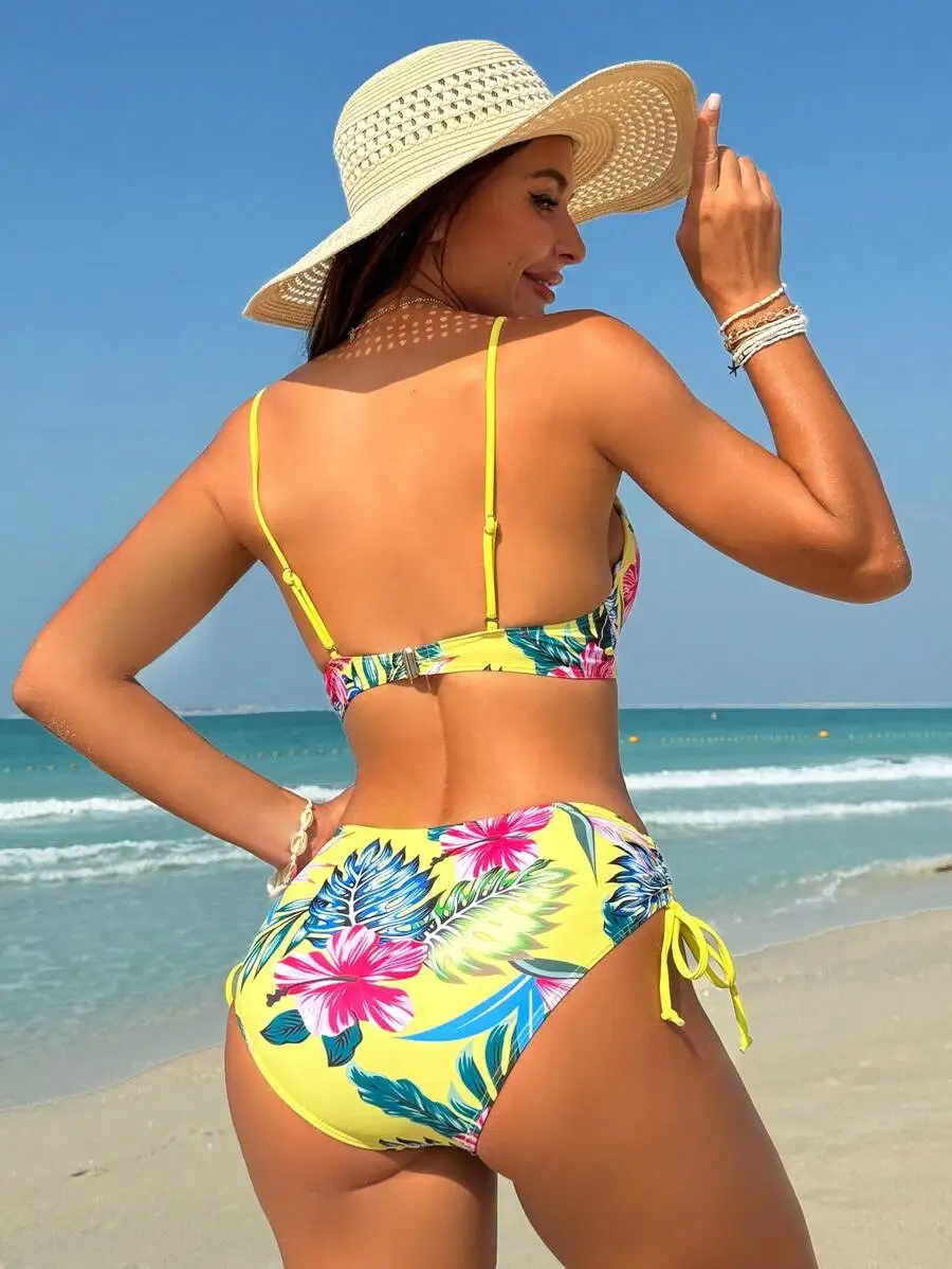 

Women Summer Beach Tropical Print V-Neck Spaghetti Strap Bikini Set