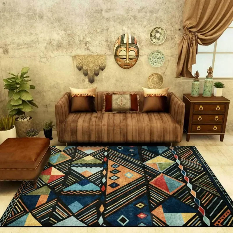 Fashionable Bohemian Moroccan Ethnic Blue Multicolor Block Living Room Bedroom Bedside Carpet and Floor Mats Custom