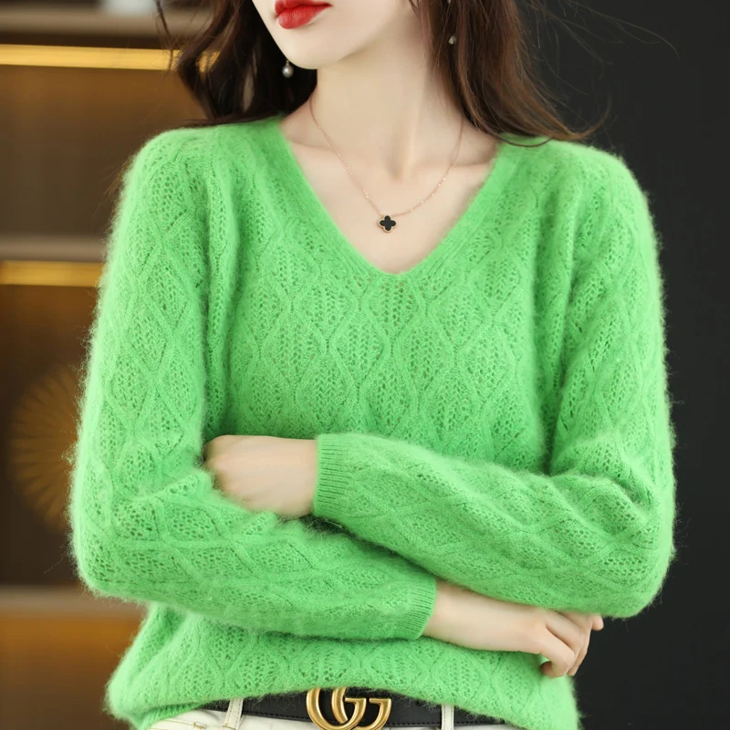 

Women's Hollow V-Neck 100% Mink Cashmere Sweater Clothing 2024 Autumn/Winter New Knit Pullover Korean Fashion Loose Jacquard Top