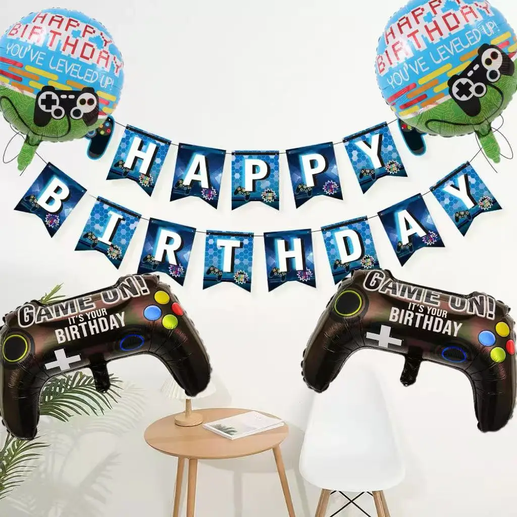 5 pcs blue and green games, happy birthday, flag raising controller, balloons, boys' birthday theme, party decoration