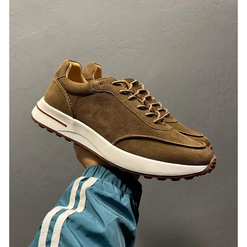 Men's 2026 Spring New Top Grain Lambskin German Army Trainers | Suede Chunky Sole White Sneakers | Versatile Commuter Plimsolls