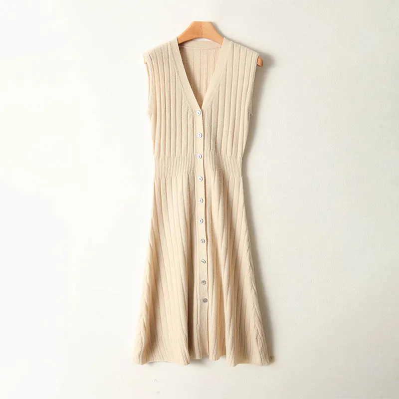 2025 novo vestido feminino meio longo sem mangas colete 100% lã merino cintura botão para baixo malha deslizamento camadas inteligentes