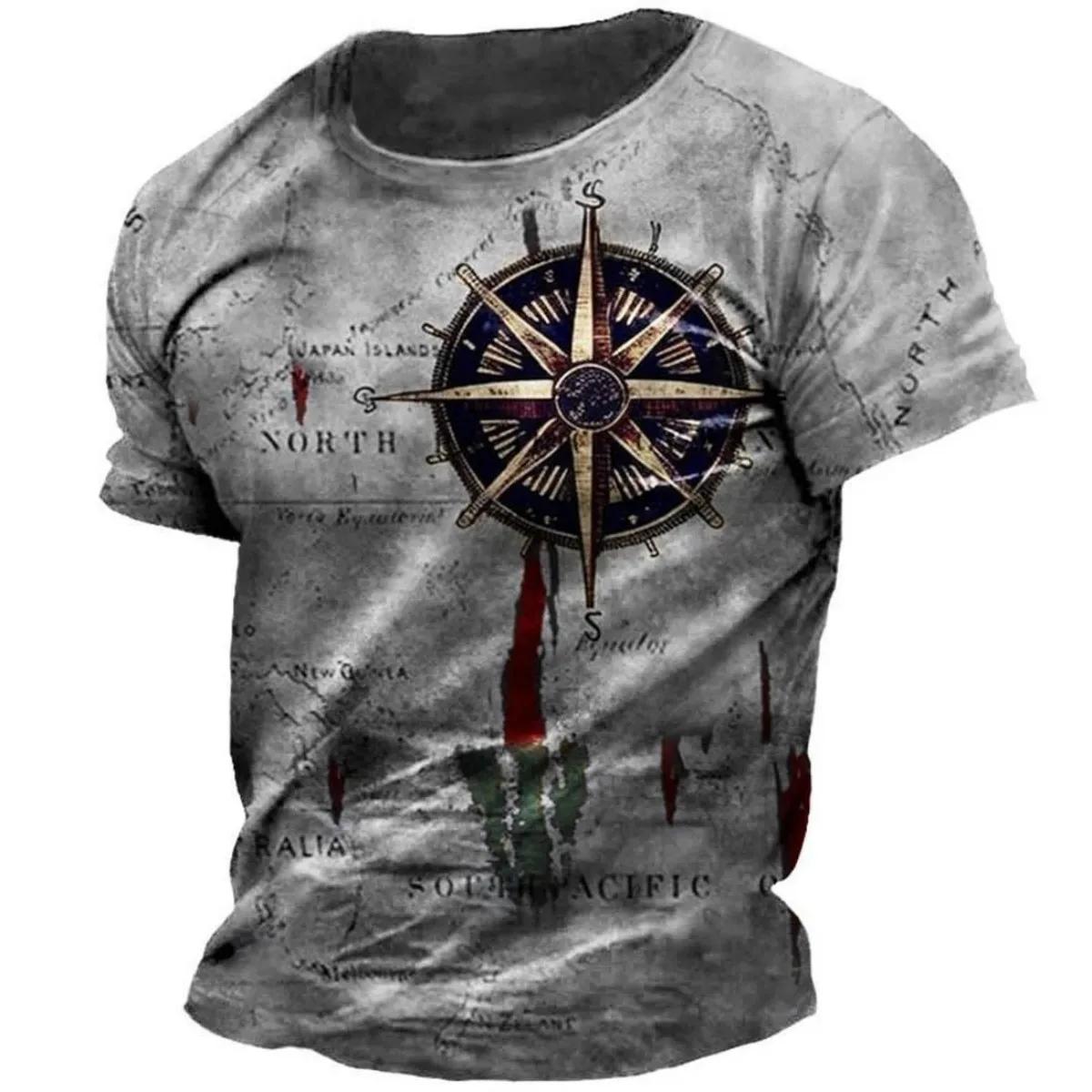 New American men's summer sailing compass letter print soft and breathable round neck T-shirt outdoor casual sports top