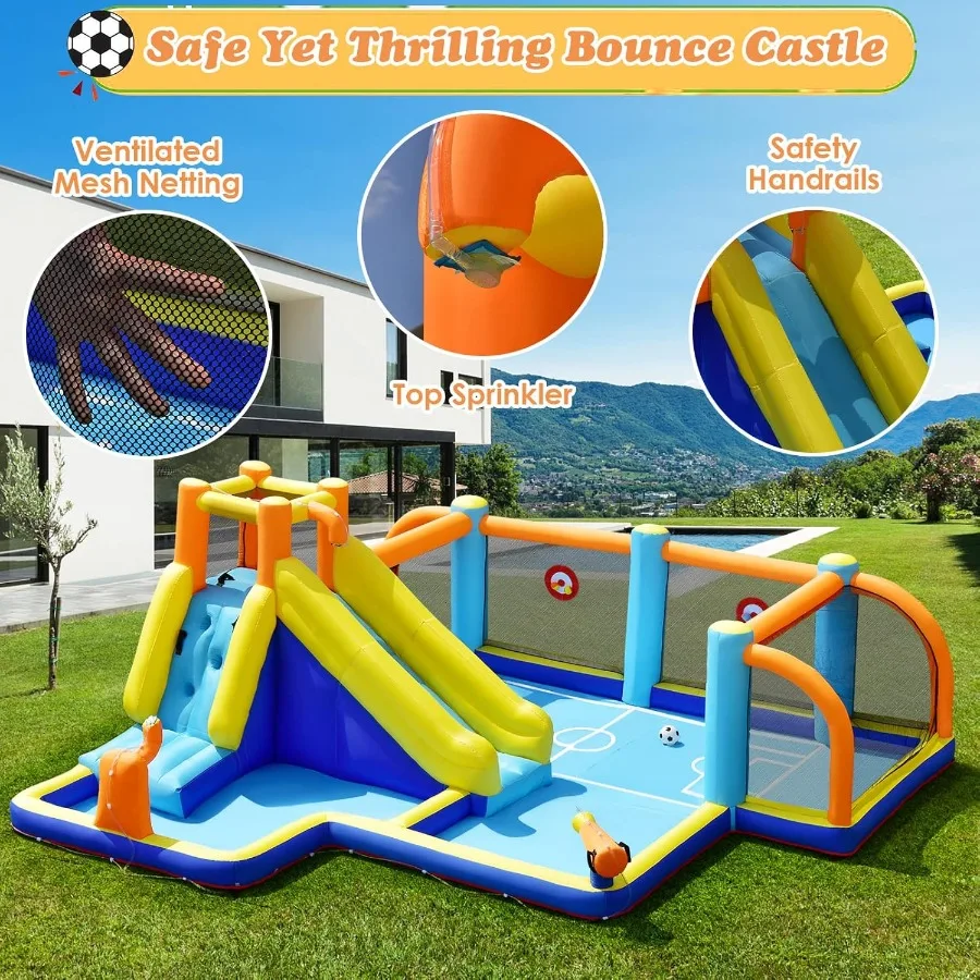 Toboggan aquatique gonflable 8 en 1, maison de rebond, parc aquatique avec buts de football, piscine anti-éclaboussures, mur d'escalade, pistolets à eau, jeu de cible, extérieur