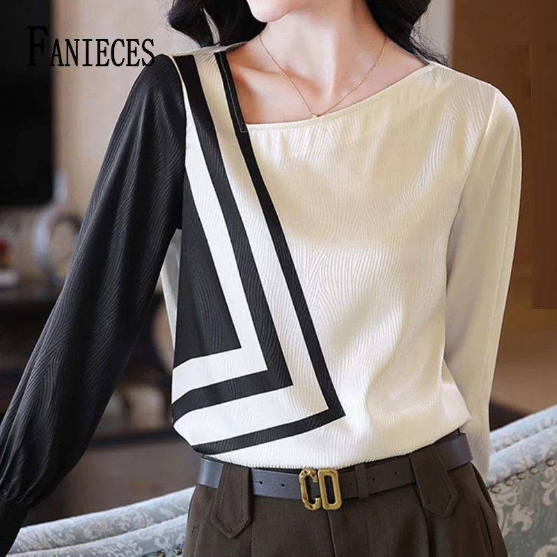 

FANIECES blusas para mujer Elegant Blouses For Women 2024 Black White Patchwork Pullover Tops Autumn Long Sleeve Casual blusas