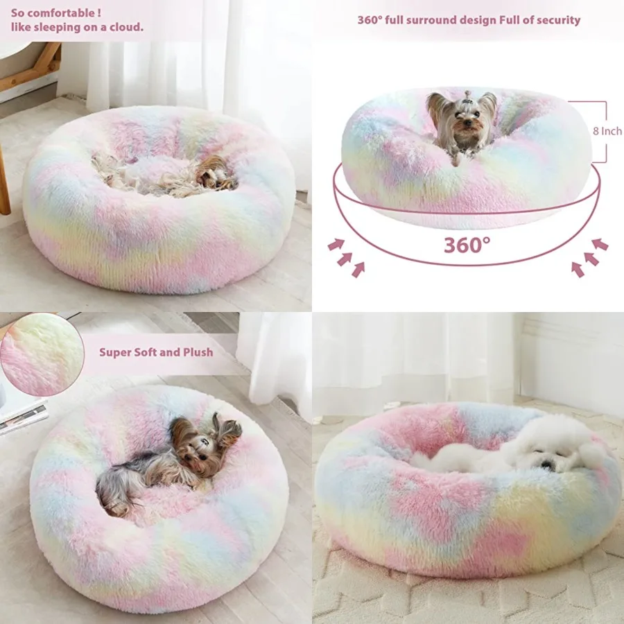 Calming Dog Bed Cat Bed Donut, Faux Fur Pet Bed Self-Warming Donut Cuddler, Comfortable Round Plush Dog Beds 27 x 27 x 8 Inch