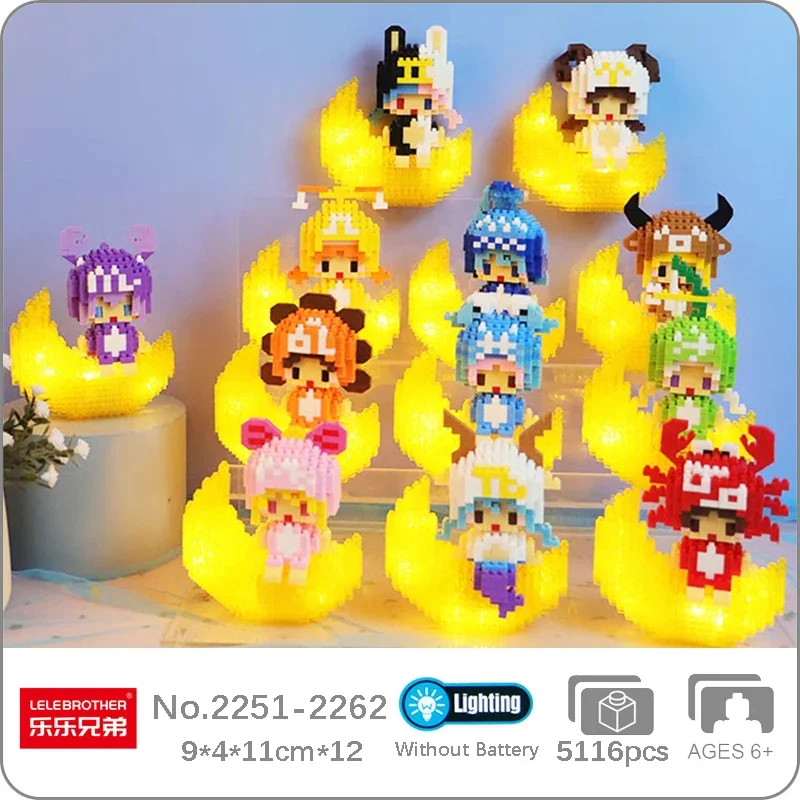 LELE Zodiac Constellation Aries Gemini Leo Virgo Pet Animal Doll Moon LED Light Mini Diamond Blocks Bricks Building Toy No Box