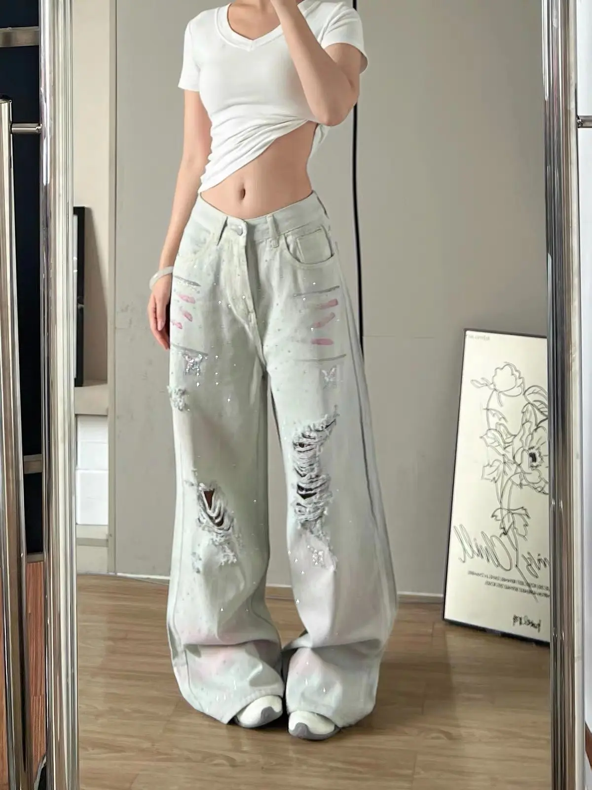 Rhinestone Spray Paint Distressed Washed High Waist Straight Wide Leg Jeans Women Summer Loose Casual Streetwear Pants