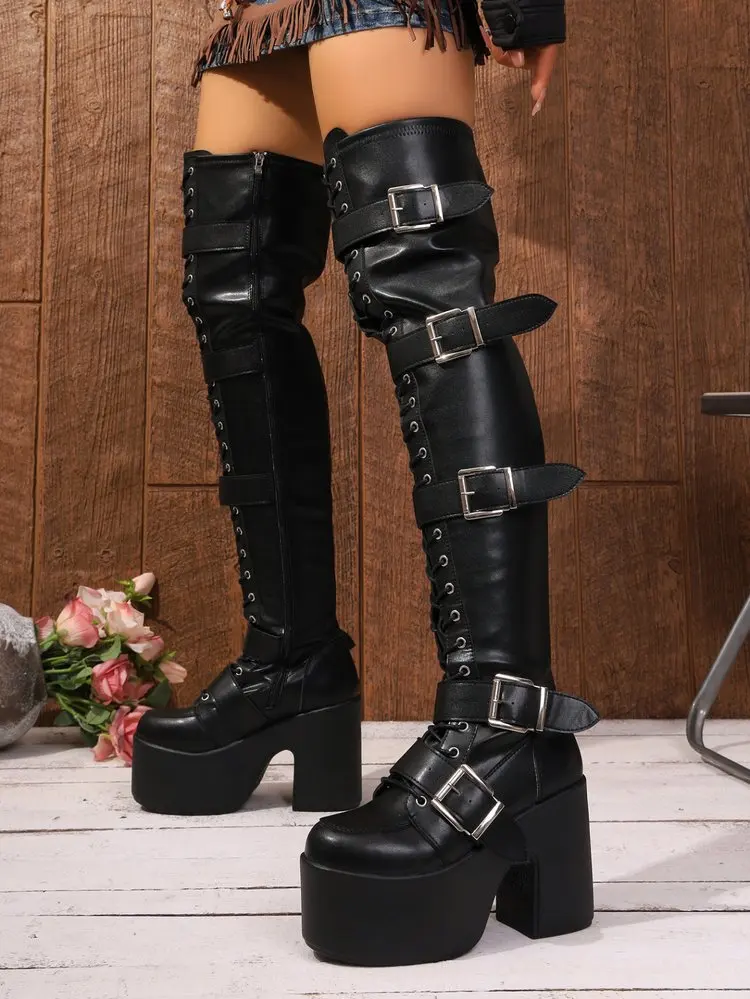 Luxuriöse 2026 Punk Goth Damen Motorradstiefel Blockabsatz Plateau-Schuhe Neue Markenmode-Design Coole Straßenstiefel – Detail 17