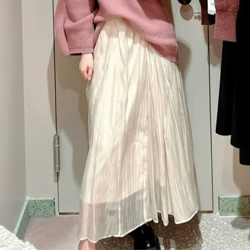 Kuzuwata High Waist Solid Color Pleated Long Skirt Faldas Mujer Moda 2024 Japanese Ball Gown Autumn Winter Harajuku Slim Jupe