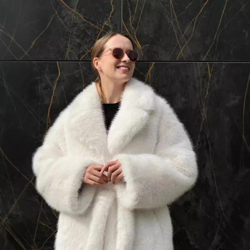 

Winter Long Coat White Comfortable Imitation Fur Coat Women's Belt Environmentally Friendly Fur Coat Comfortable