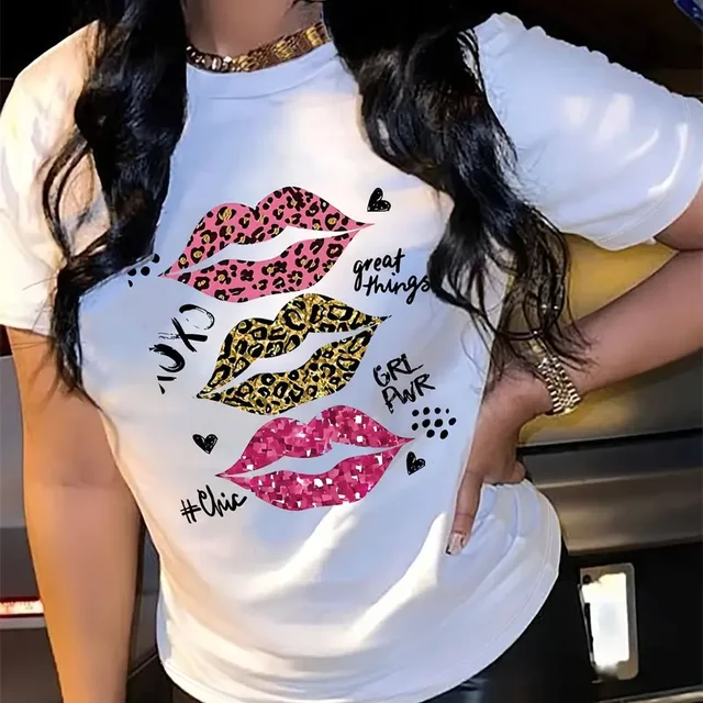 2024 lampart z nadrukiem ust t-shirt na co dzień z krótkim rękawem wycięcie pod szyją letni Top odzieży damskiej ubrania damskie bluzki Vintage