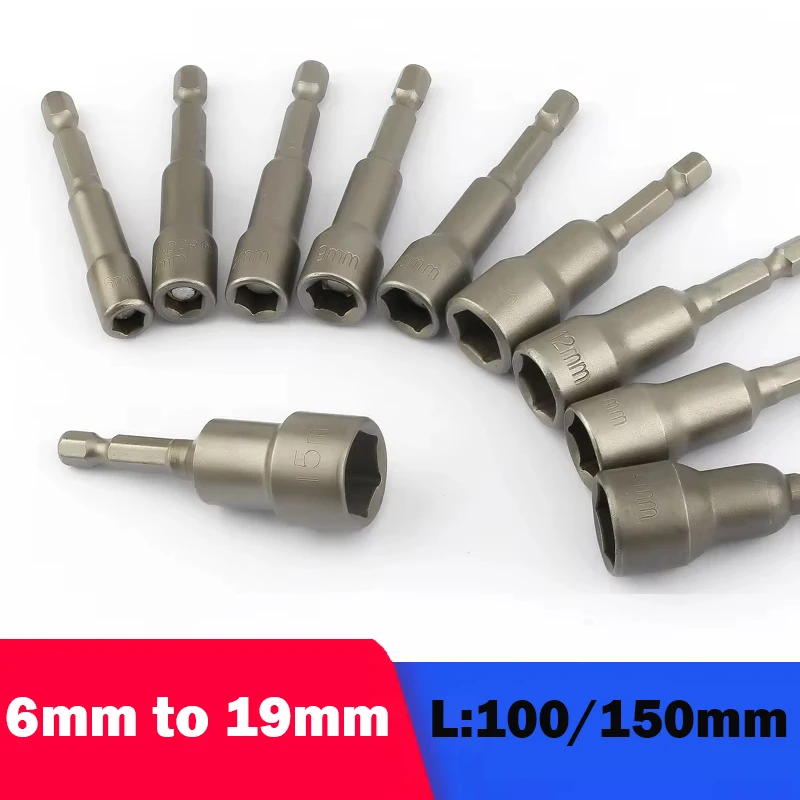 

100mm/150mm Length 1pcs Strong Magnetic Electric Screwdriver Nut Driver Socket Set Tool Hex Sleeve 1/4" Drill Bits Adapter6-19mm