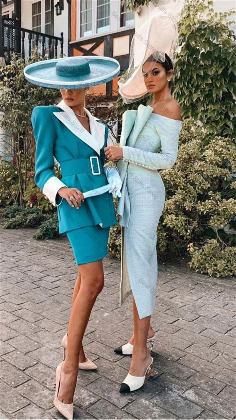 

White Blue Women Suit Skirt Set 2 Pcs Blazer+Short Mini Prom Dress Belted Formal Office Jacket Customized Wedding Guest Coat