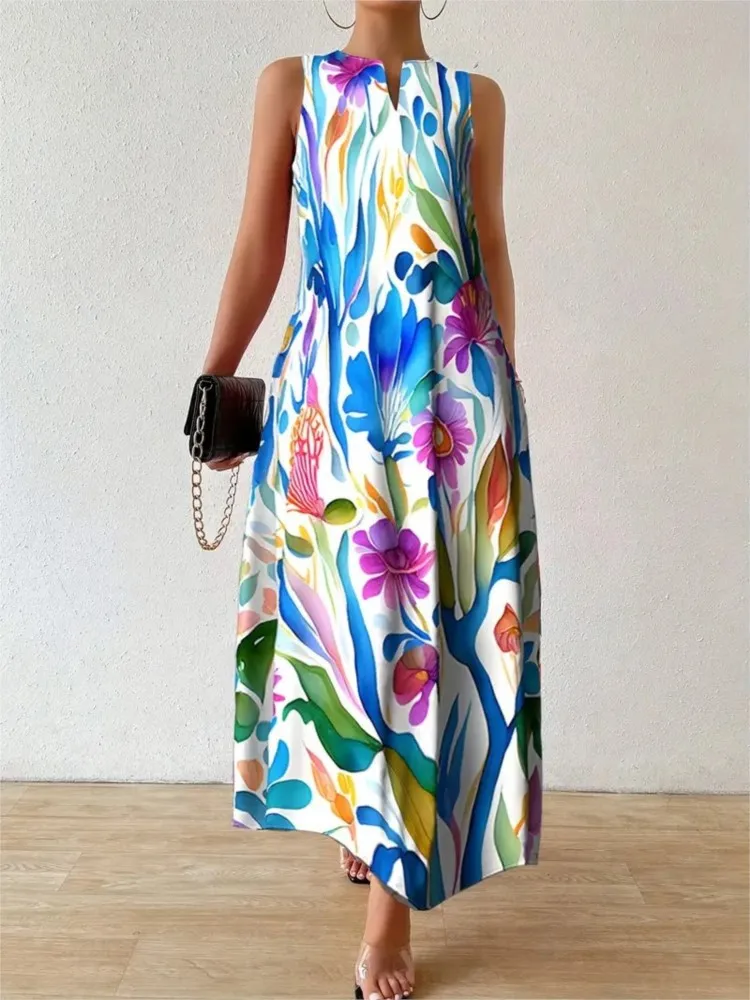 

Women's Fashion Floral Print Dress Robe Femme Casual V Neck Sleeveless Loose Dresses For Women Boho Holiday Beach Party Skirts