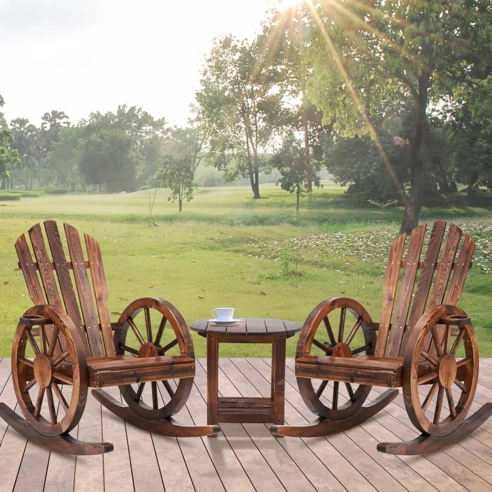 

3 Pieces Outdoor Wood Rocking Chair Set, 2 Patio Decor Yard Glider Rocking Chairs with 1 Side Table, Adirondack Rockin