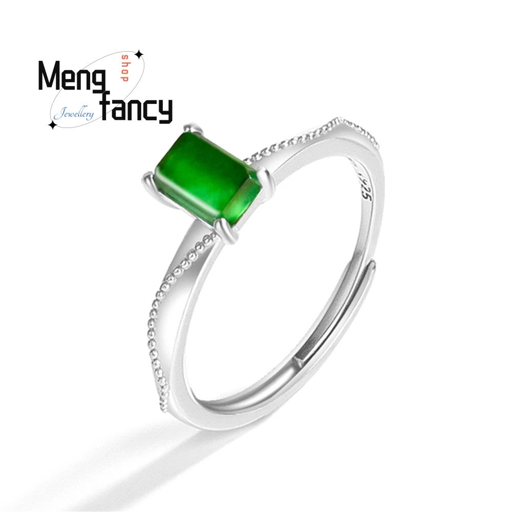 แหวนเงินแท้ S925 หยกธรรมชาติ เกรด A สีเขียวสดใส ทรงลูกบาศก์เล็ก แหวนหยกทรงน้ำแข็ง แหวนแฟชั่นสำหรับผู้หญิง