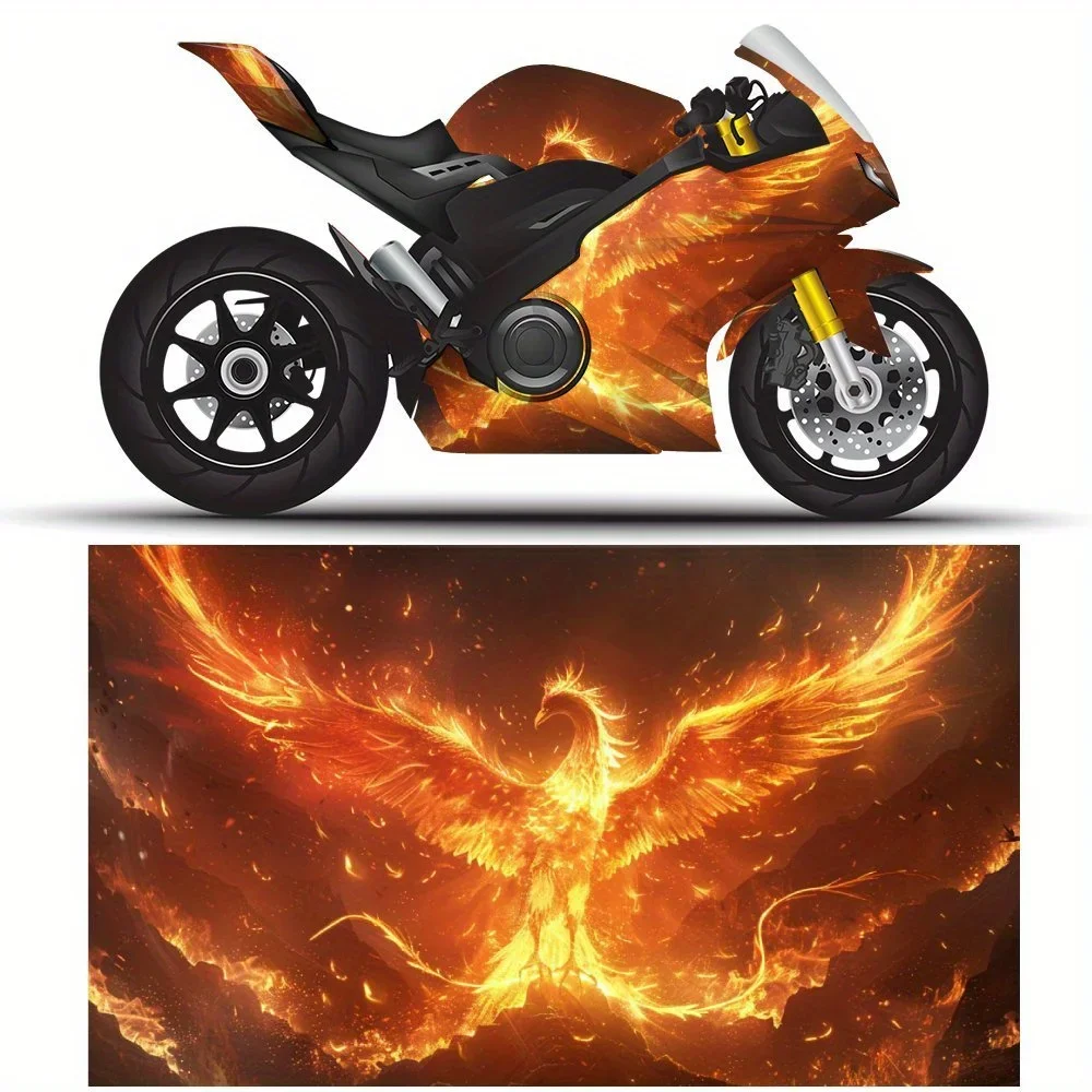 

Mythical Flame Phoenix Print PVC Motorcycle Vinyl Wrap, Self-Adhesive Waterproof Sticker, Anti-Scratch Decorative Film for Bike