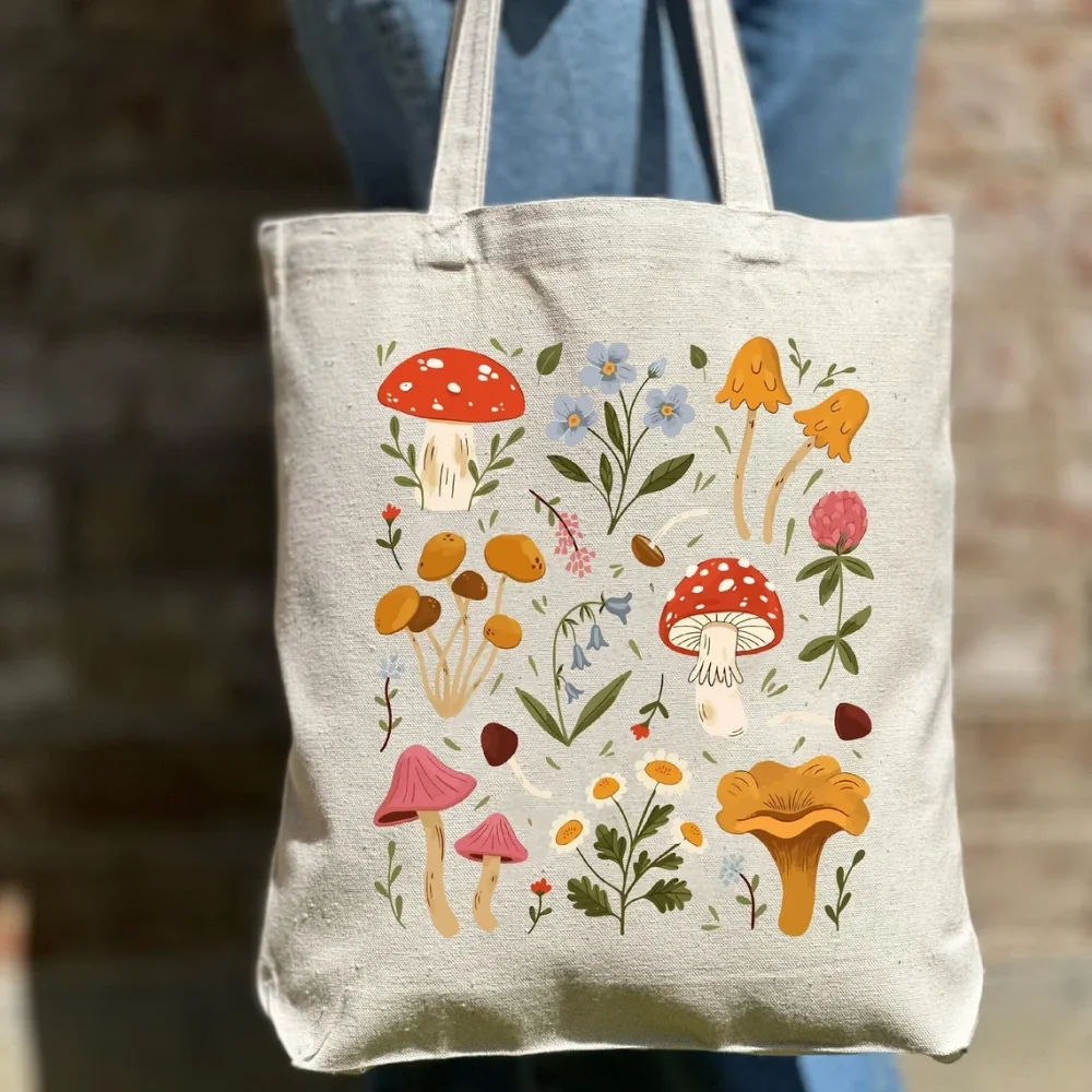 Custom Bridesmaid Mushroom Wild Flower Tote Bag,Mushroom Lover Gift,Cute Tote Bag,Canvas Bag,Aesthetic Bag,Casual Canvas Tote