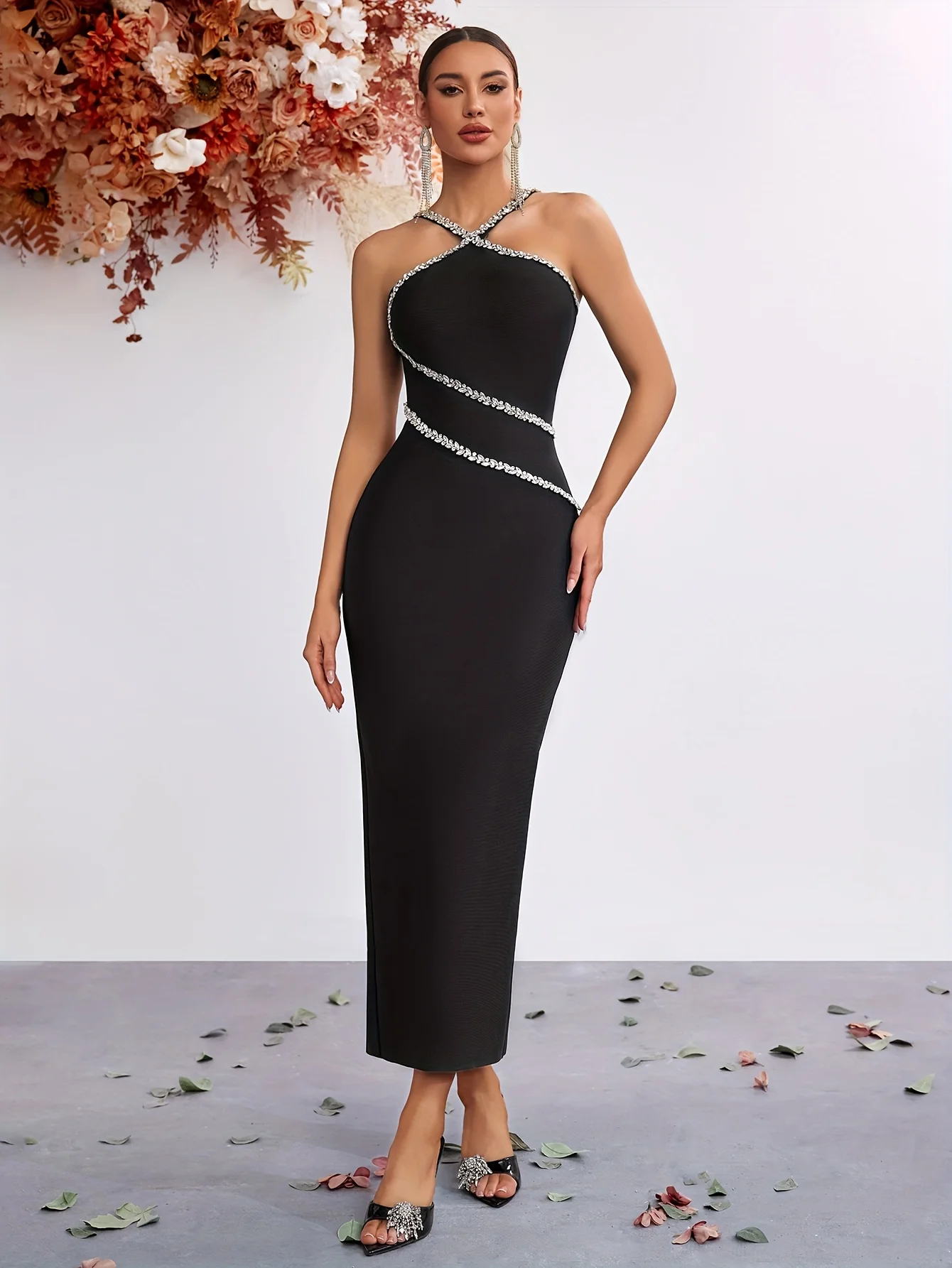 

Elegant Halter - Neck Evening Dress 2025, Women's Black Rhinestone - Trimmed Midi Gown for Luxury Cocktail Party Customized