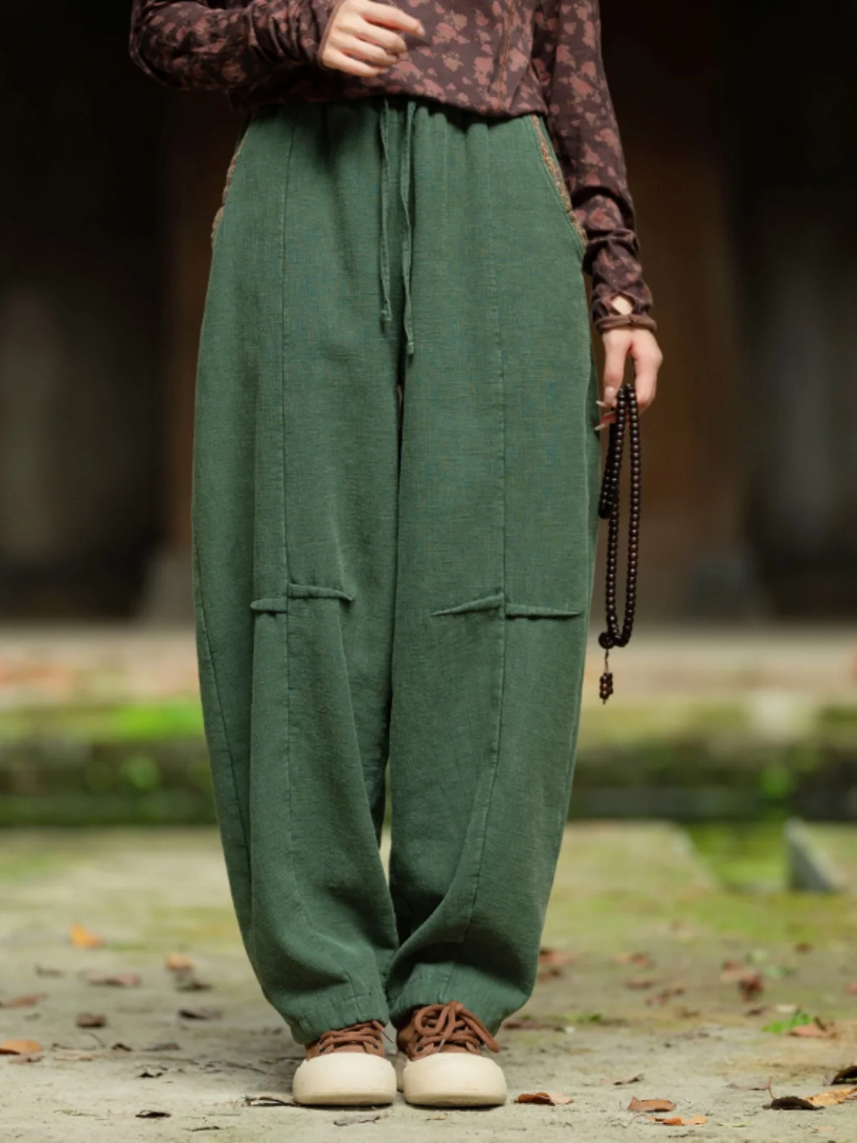 

Женские свободные брюки-фонарики в стиле ретро с флисовой подкладкой, утолщенные, широкие, повседневные, с высокой талией, длинные, из смесового хлопка и льна