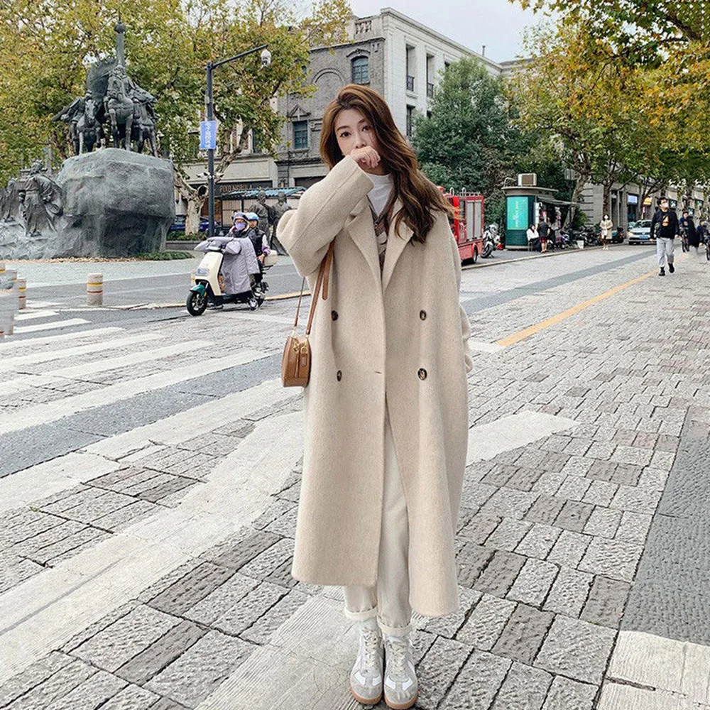 Pink Double-faced Woolen Coat Women's Fall/Winter New Korean Version With Loose Temperament And Long Over-the-knee Woolen Coat.