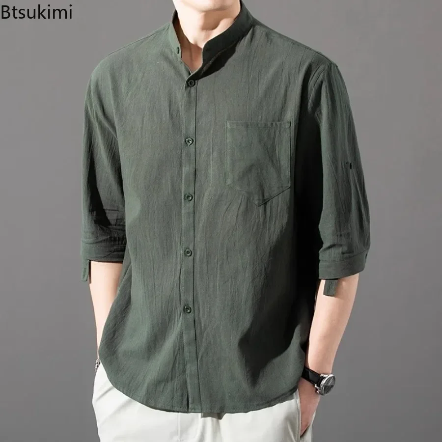 New Men's Lightweight Cotton Linen Shirts Summer Casual Loose Button Up Solid Color Five Quarter Sleeve Shirt for Young Men
