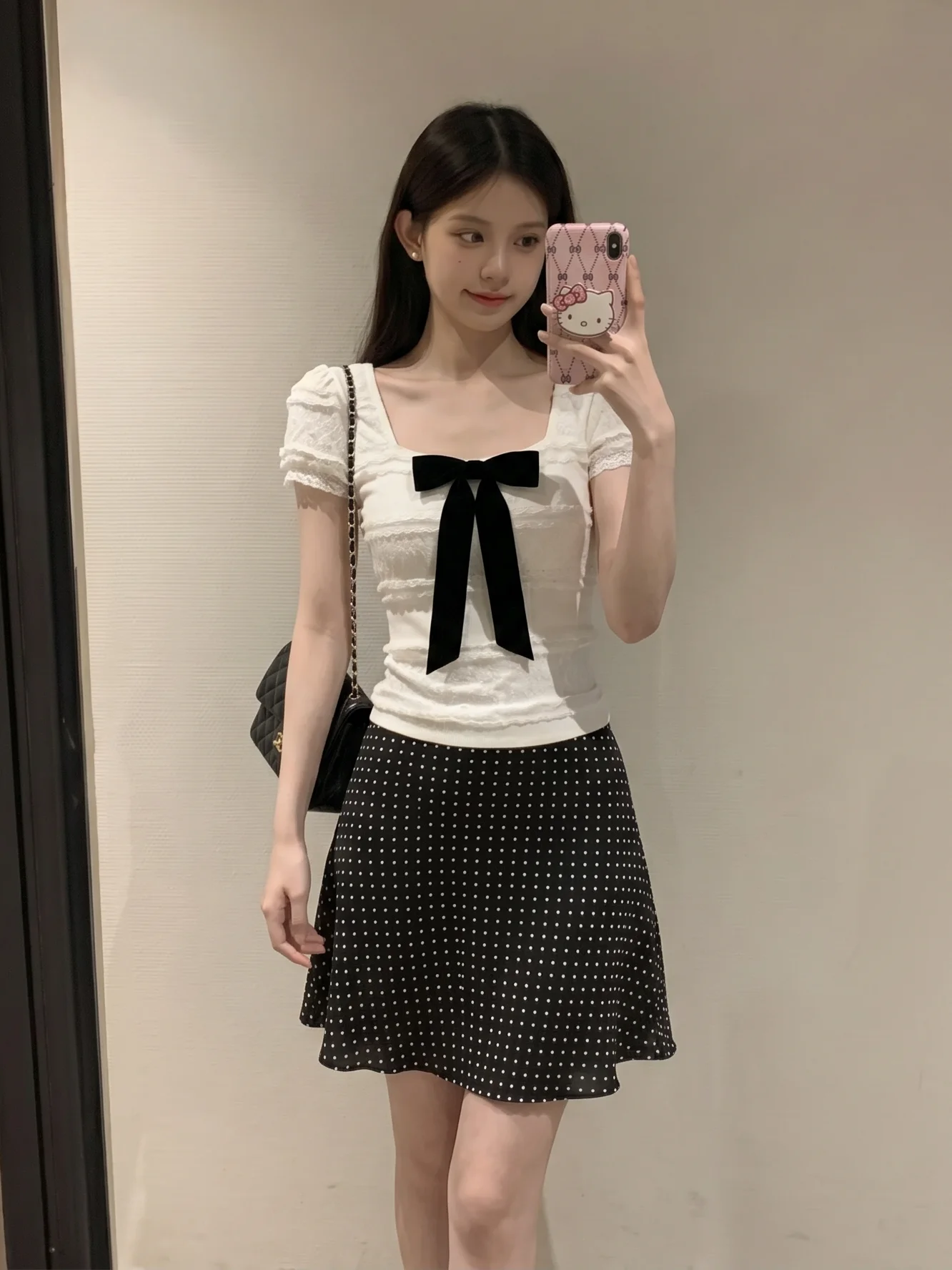 

Sweet Knot Square Neck Short Sleeve Slim Fit T-Shirt Women Summer New Style Shoulder High Waist Polka Dot Skirt
