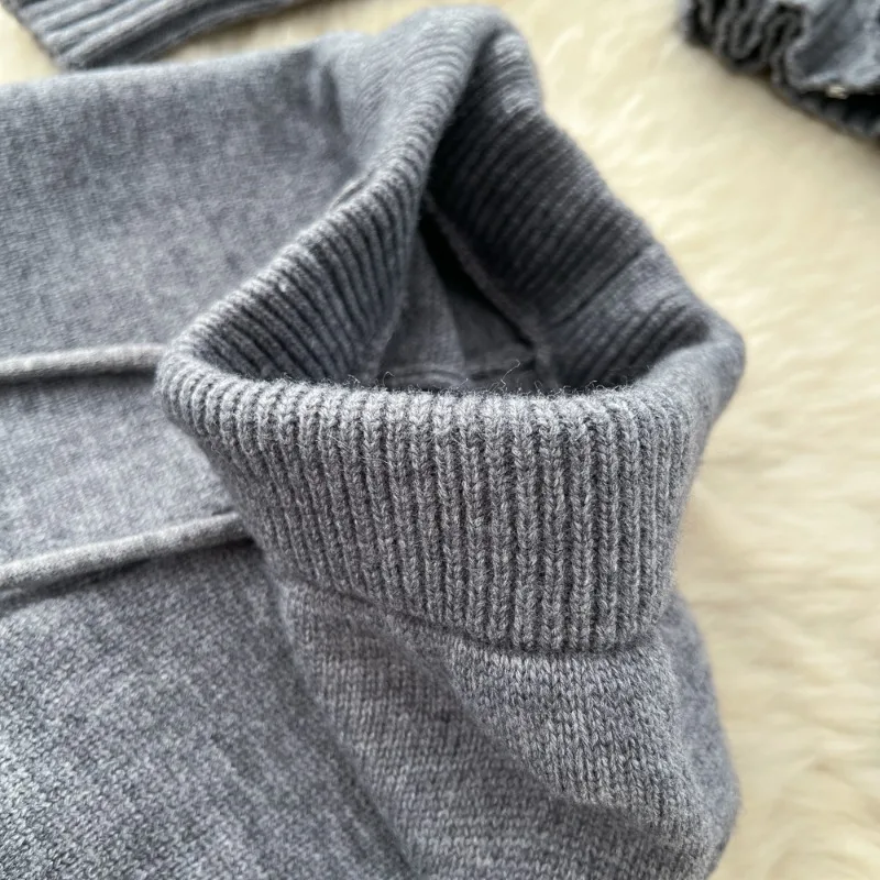 Women Pants Suit Autumn Winter Fur Stitching Slim-fit Short Hooded Knitted Tops High Waist Wide Leg Sweater Pants Women 2-piece