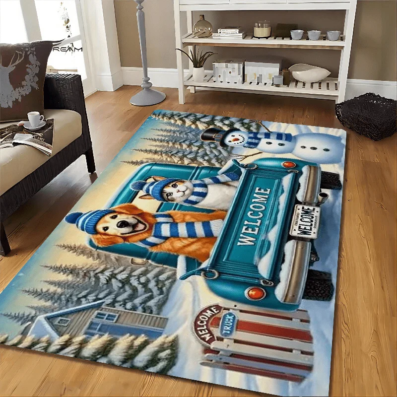 1pc 2D Flat Christmas Rug, Dog Cat Blue Truck Winter Snow Scene Print, Machine Washable, Soft, for Entryway, Living Room