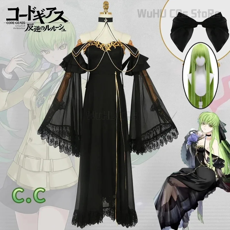 Kostum Cosplay Anime Code Cos Geass CC Gaun Malam Seragam Penyihir Hitam Wanita Halloween Karnaval Setelan Peran Wig;3,k8't,