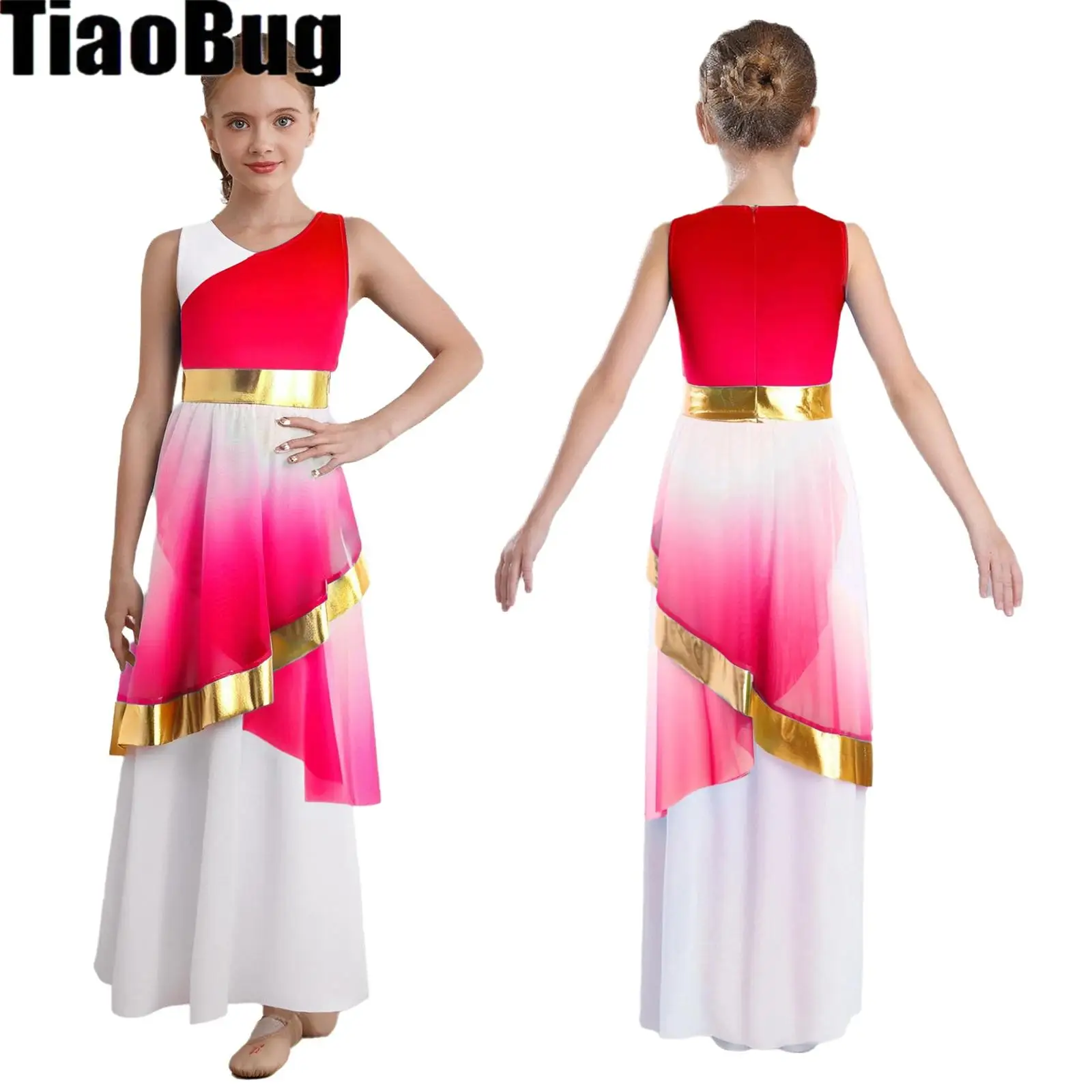 

Girls Lyrical Praise Liturgical Dance Church Choir Worship Costume Sleeveless Metallic Trims Irregular Gradient Color Mesh Dress