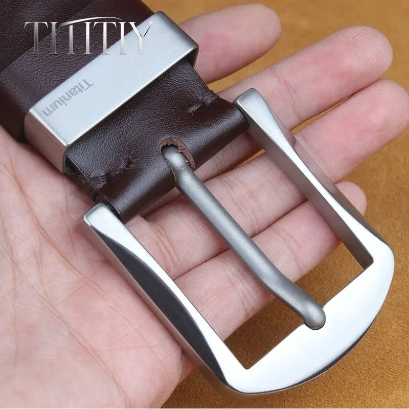 New Men Pure Titanium Alloy Pin Buckle Leather Belt, Hypoallergenic Ultra-Light Top-Grain Cowhide Casual Waistband 38mm Width