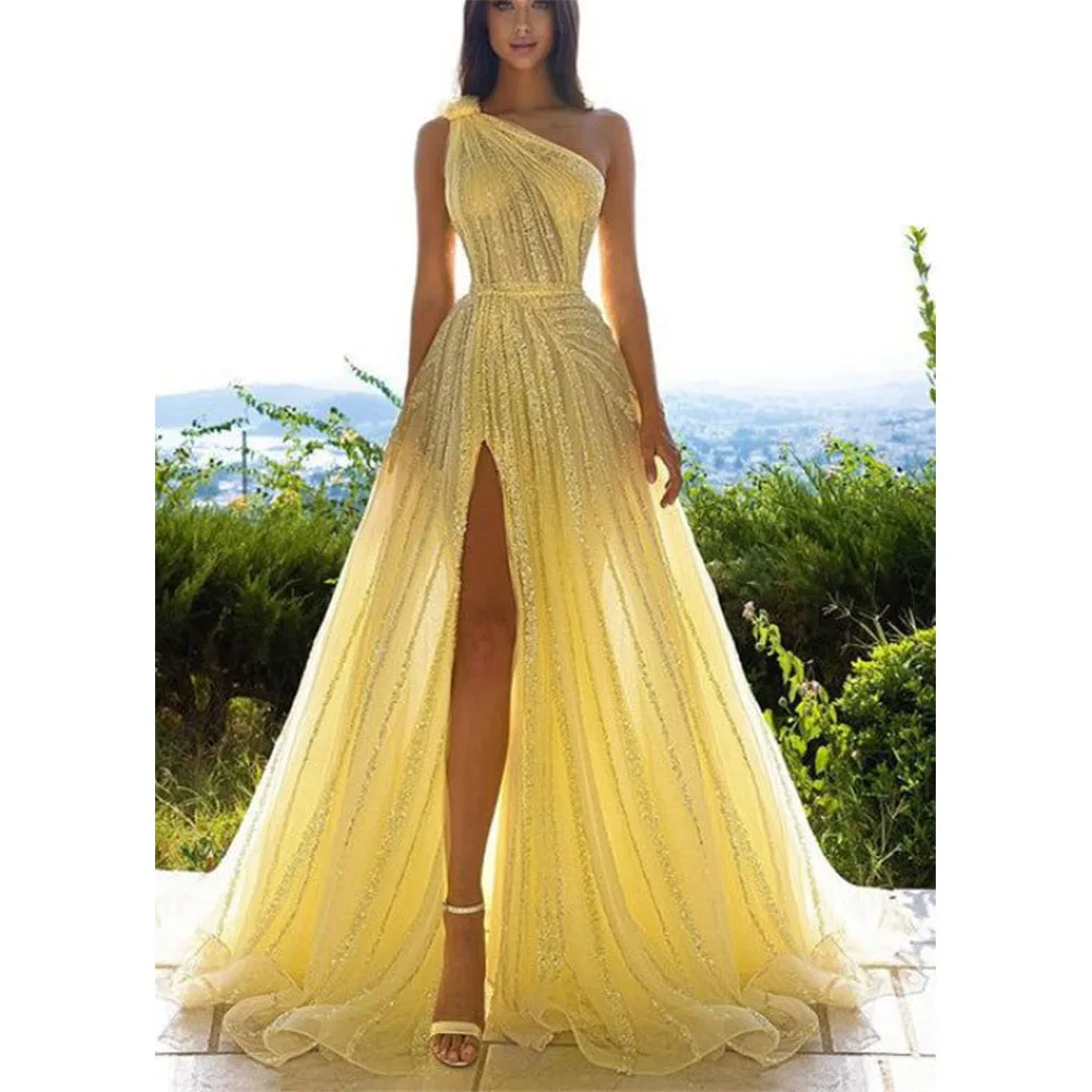 

Yellow Evening Dresses One Shoulder A Line Sleeveless Backless High Quality Floor Length Fashion Fit Prom Party Banquet Gowns